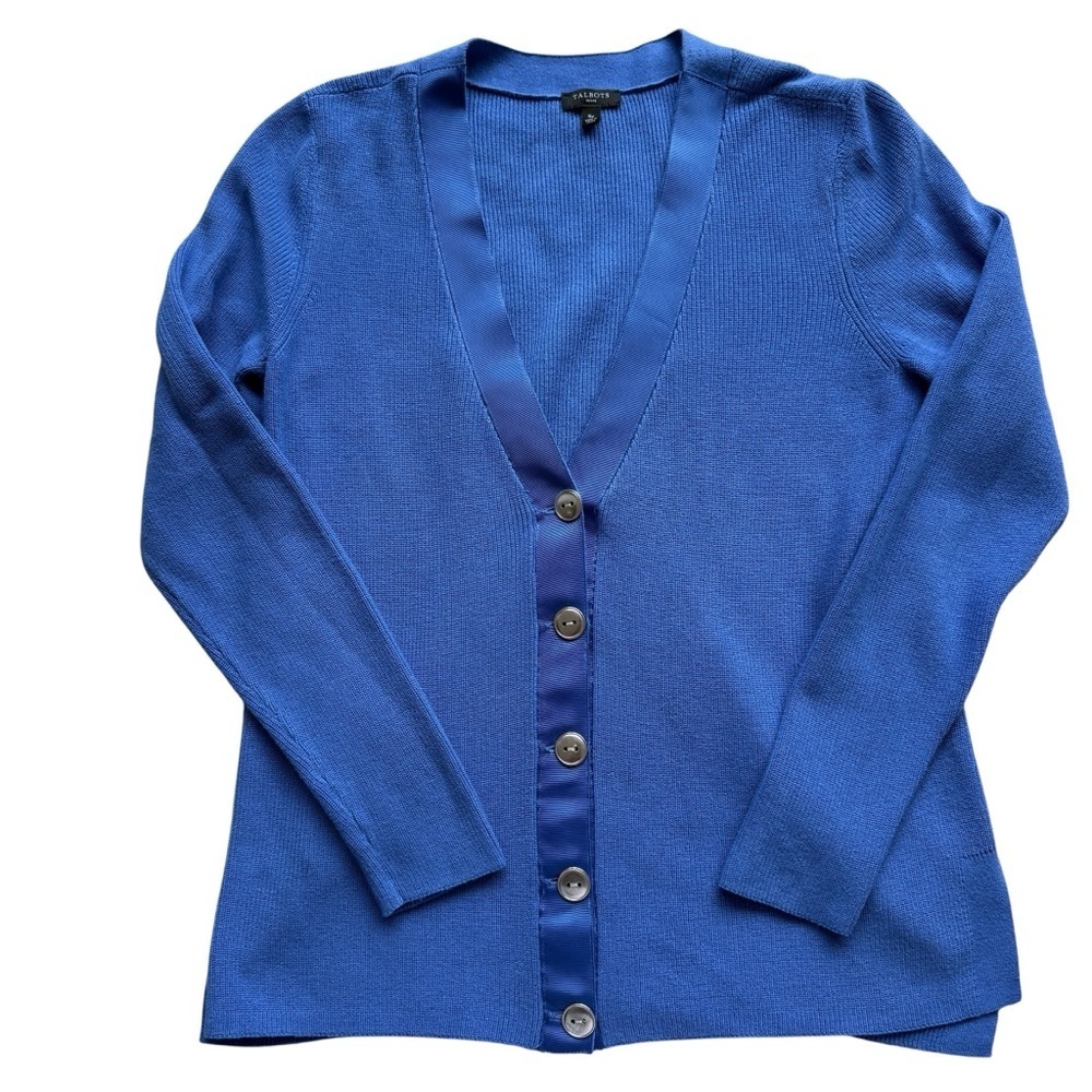 Talbots Cardigan Sweater Women’s S P Blue V-Neck Button Front Trim Large Buttons